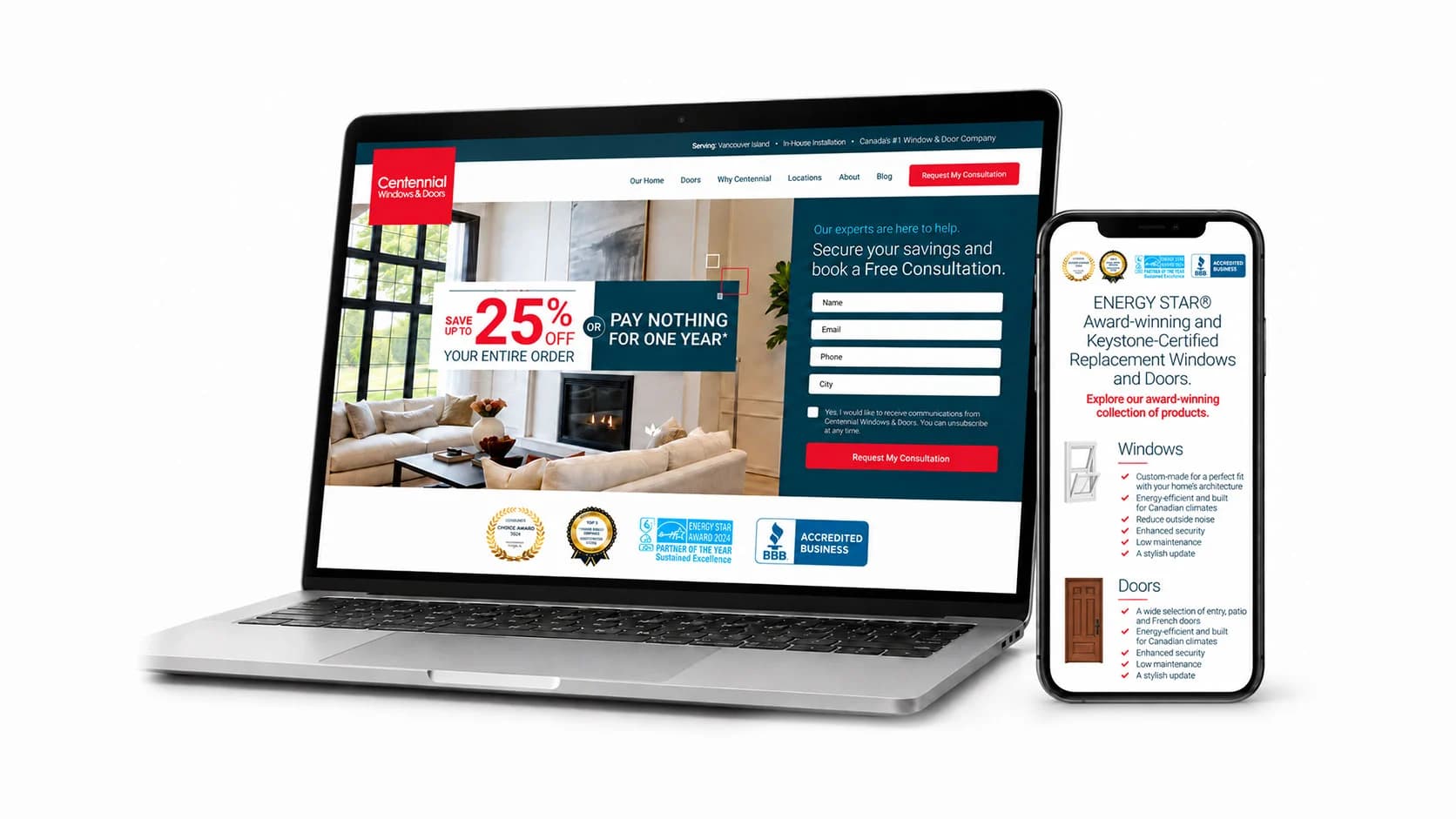 Desktop and mobile screens showing Centennial Windows & Doors redesign