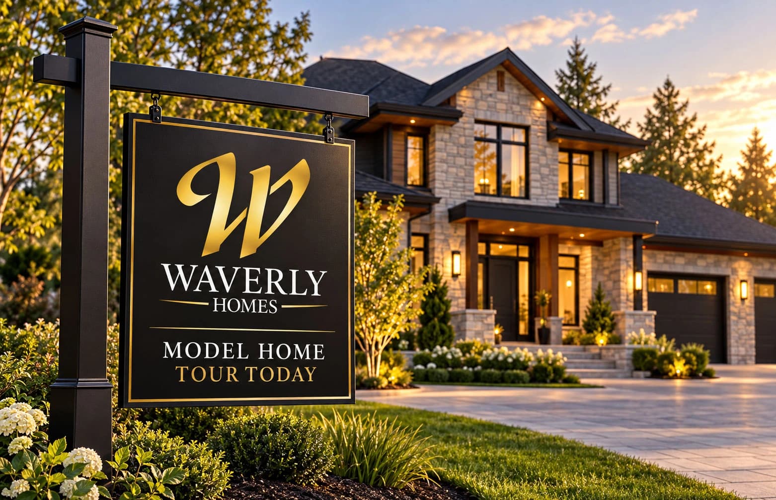 Waverly Homes black and gold model home sign outside a contemporary house