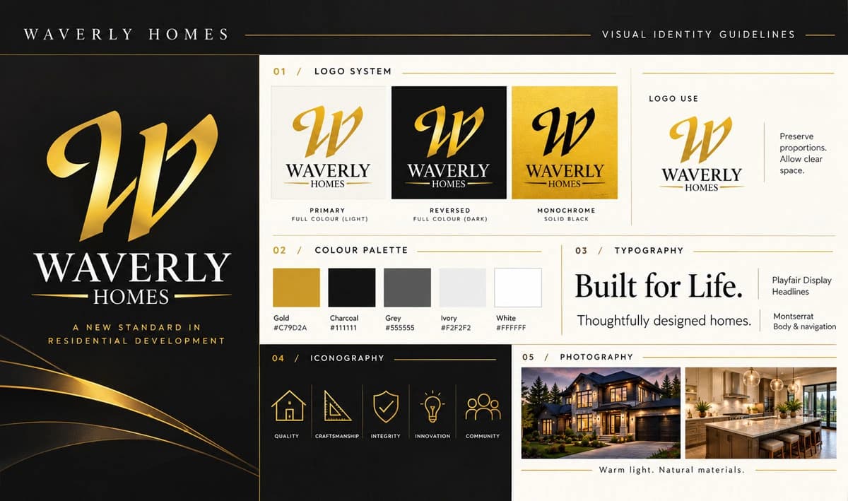 Waverly Homes visual identity concept with logo, colours and typography